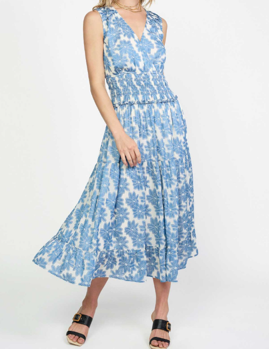 Floral Jacquard V-Neck Surplice Tiered Midi Dress with Smocked Waist and Fold Details on Yoke - Denim Blue Floral Jacquard V-Neck Surplice Tiered Midi Dress with Smocked Waist and Fold Details on Yoke - Denim Blue