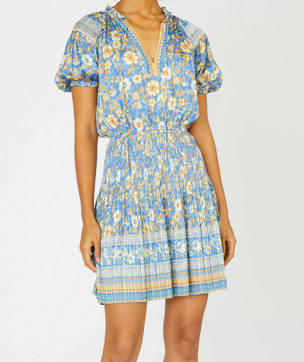 BORDER PRINTED SHORT SLEEVE RUFFLED SPLIT NECK WITH TIE MINI DRESS WITH PLEATS AND SMOCKING - BLUE SAND