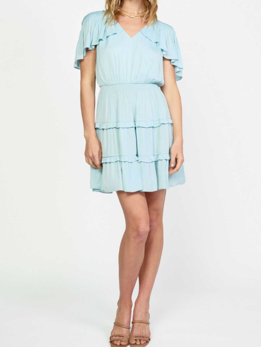 Caped Sleeve V-Neck Elastic Waisted Tiered Mini Dress with Ruffle - Powder Blue Caped Sleeve V-Neck Elastic Waisted Tiered Mini Dress with Ruffle - Powder Blue