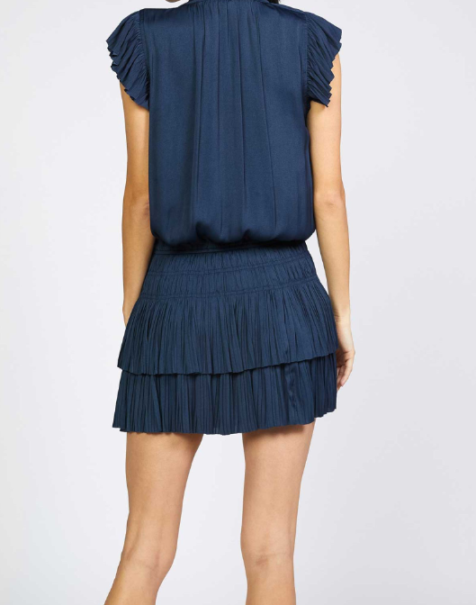 Short Sleeve Mini Dress with Split Neck with Tie, Smocked Waist, and Pleated Skirt - Dark Navy Short Sleeve Mini Dress with Split Neck with Tie, Smocked Waist, and Pleated Skirt - Dark Navy